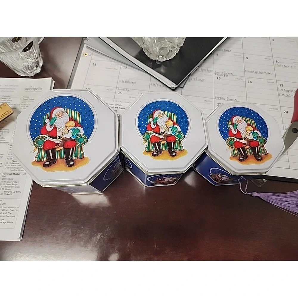 3 Pc 1997 Chadwick-Miller SANTA w/CHILD ON LAP Nesting Tin Containers. Octagonal - Picture 3 of 8